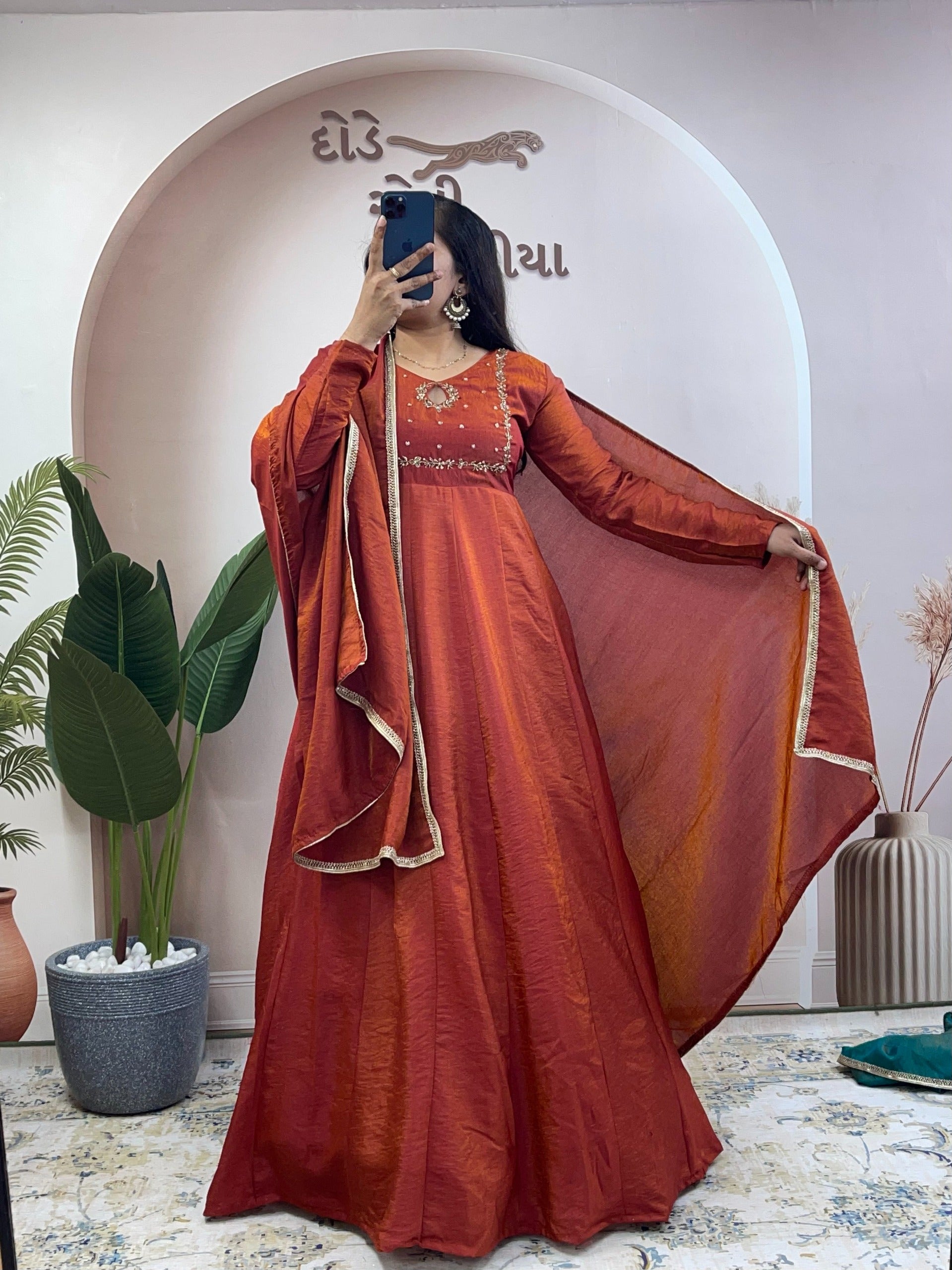 vichithra silk hand work gown with duppatta