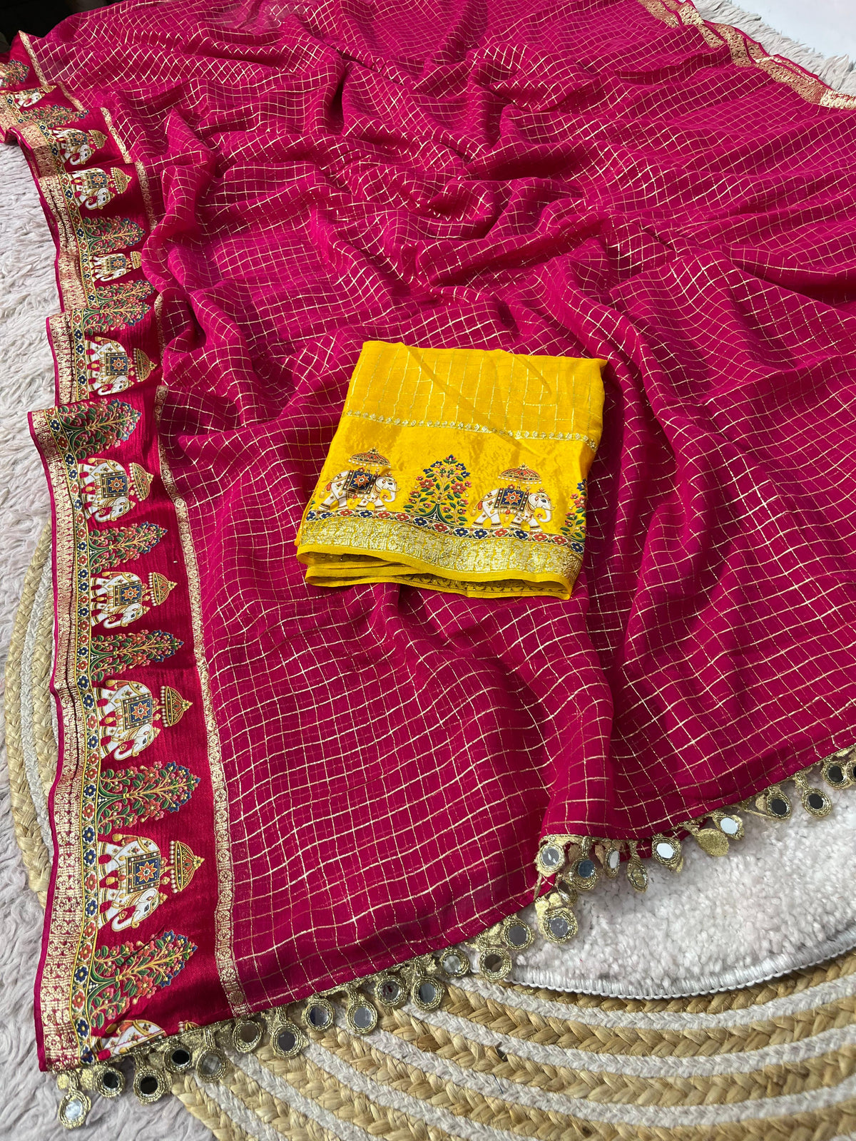 Viscose checks mirror work border saree ✨