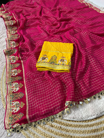 Viscose checks mirror work border saree ✨
