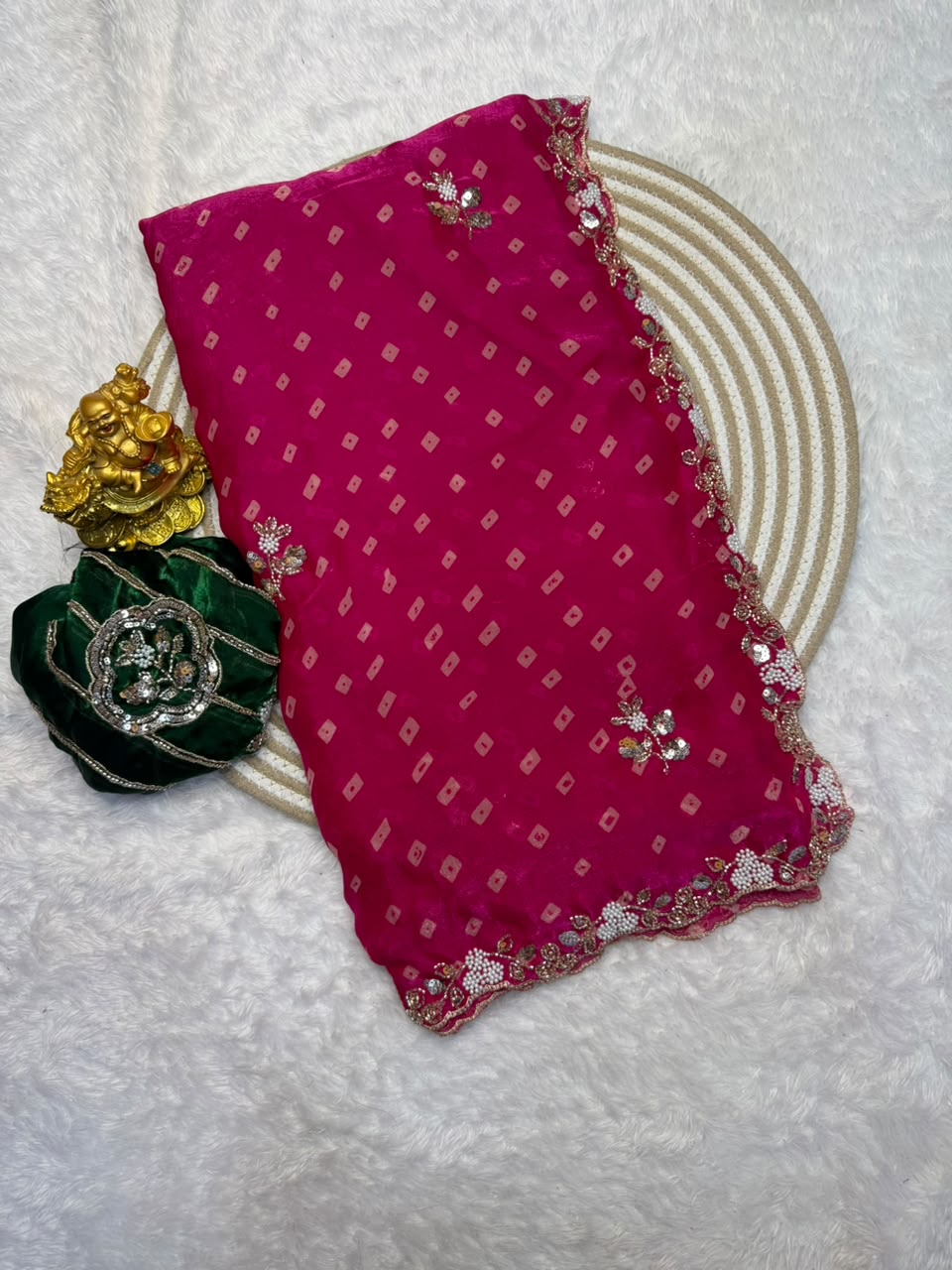 Sakhi space silk bandhini print saree with beeds pearl work ✨