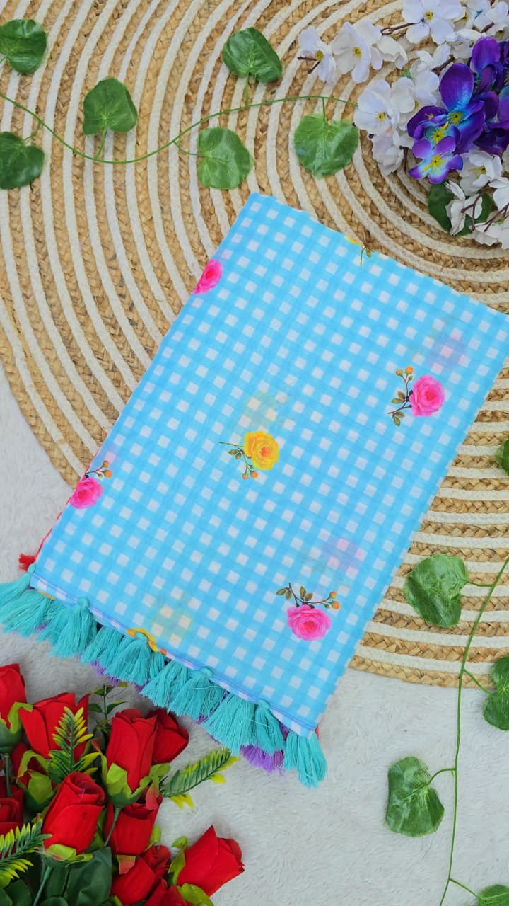 Mull cotton checks floral printed saree