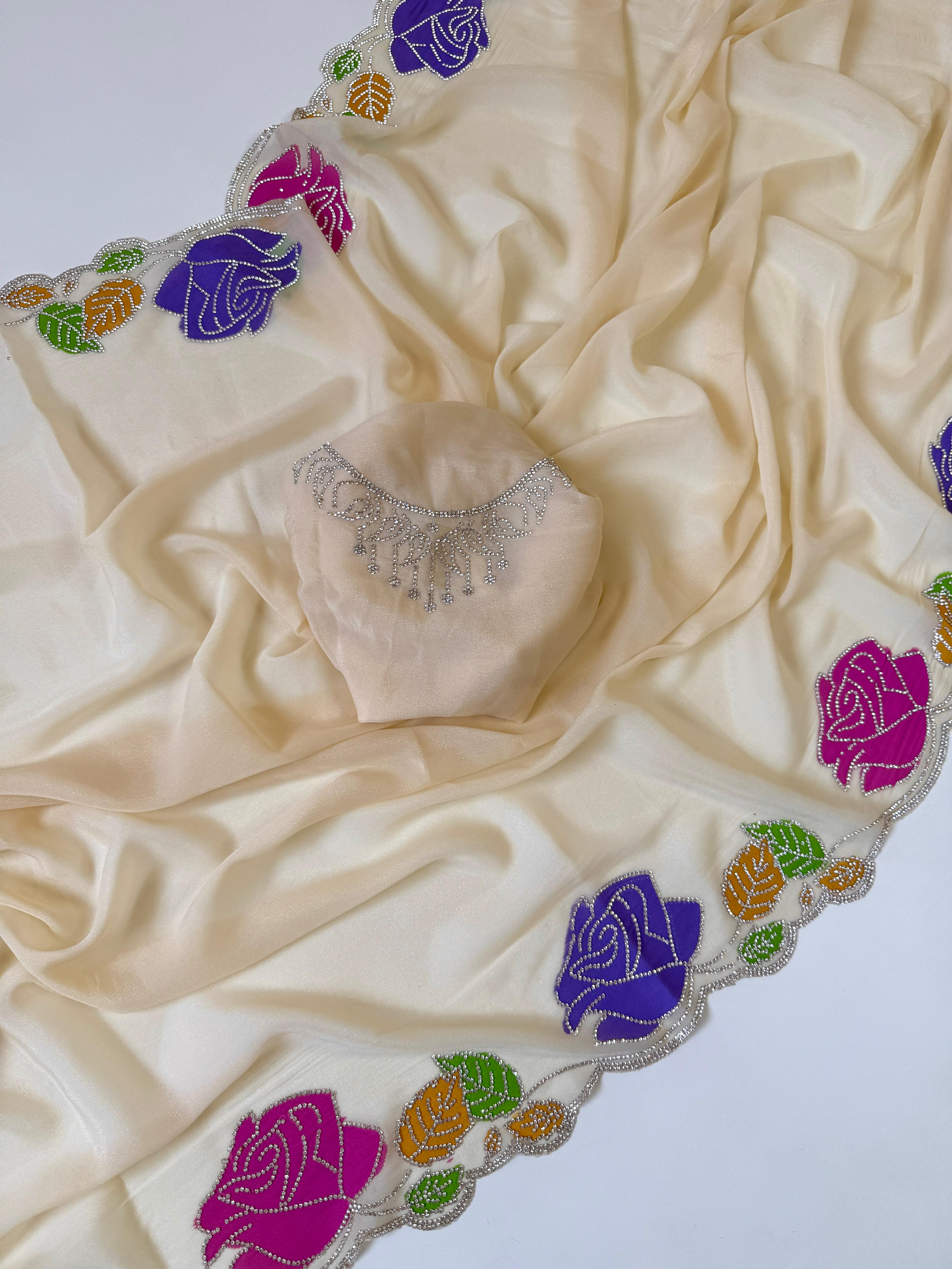 Star georgette hand painted Rose  jarkhana work saree