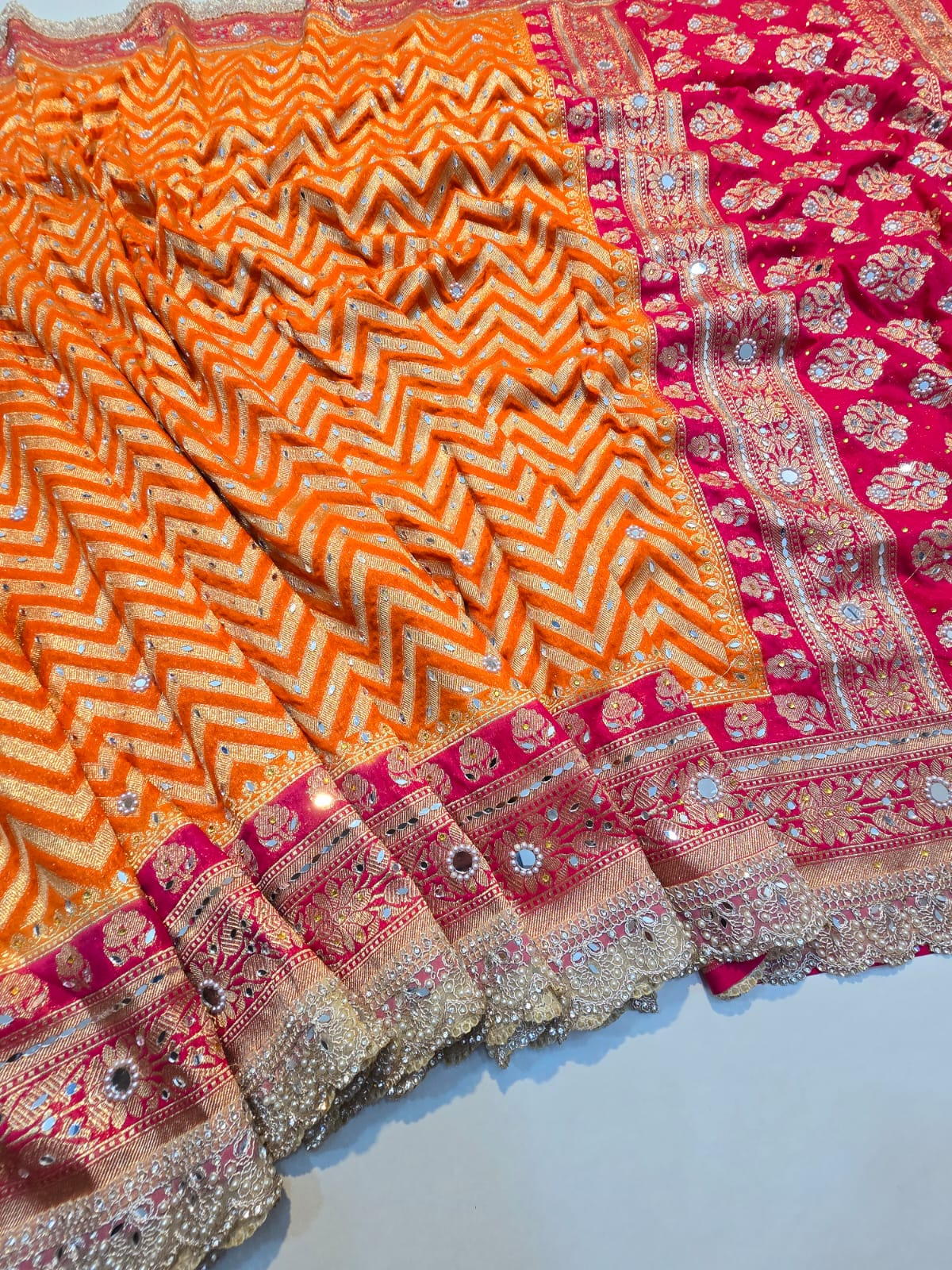 Benaresi khaddi georgette silk pearl lace work saree ✨