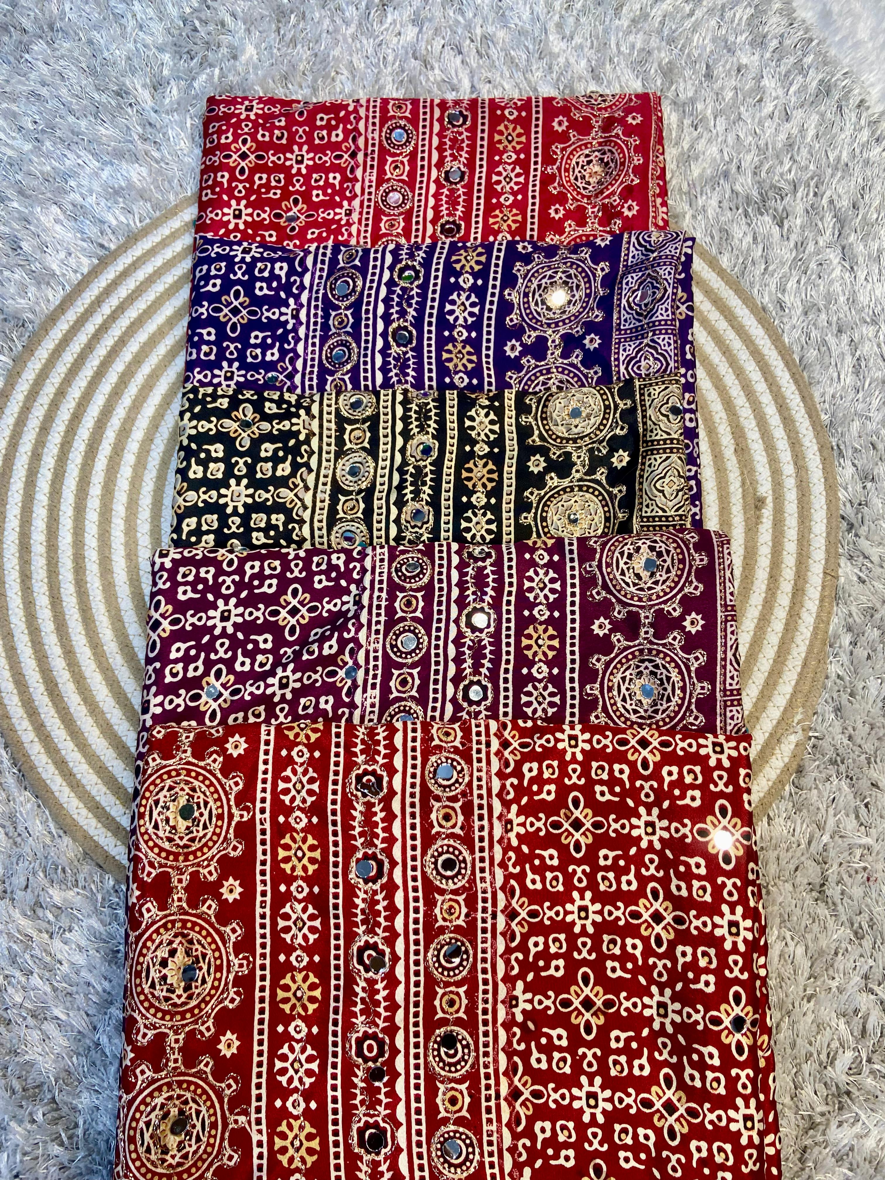 Ajrak model soft crepe silk mirror work saree