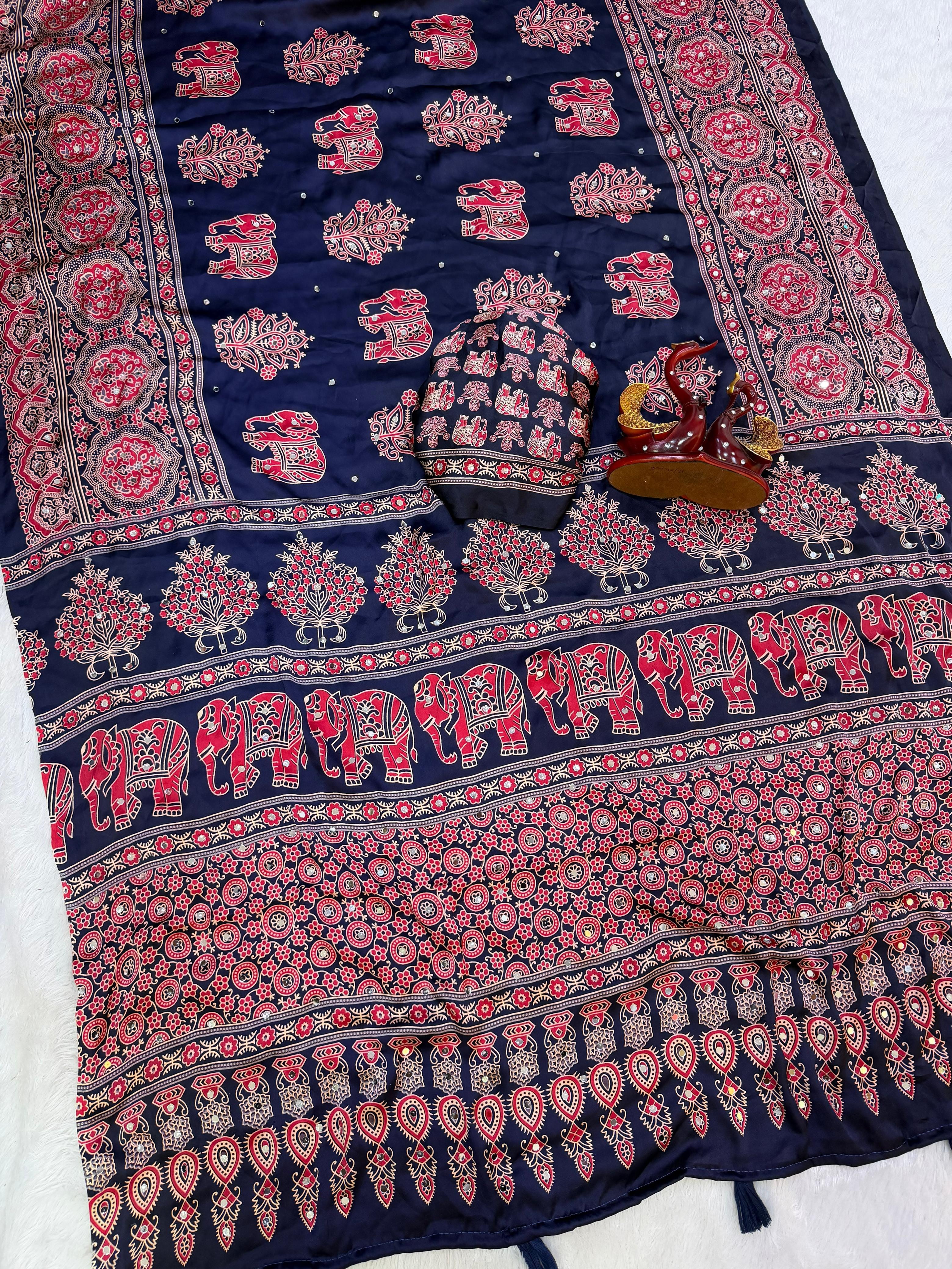 Japan satin beautiful Ajarakh print mirror work saree ✨