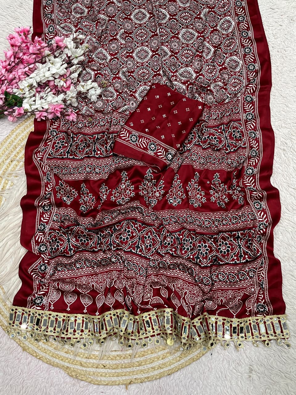Ajrak satin viscose silk saree ✨