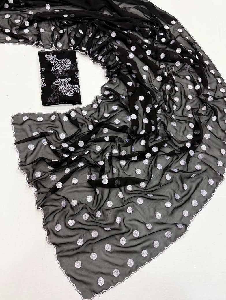 polka dot thread work scalp border saree
