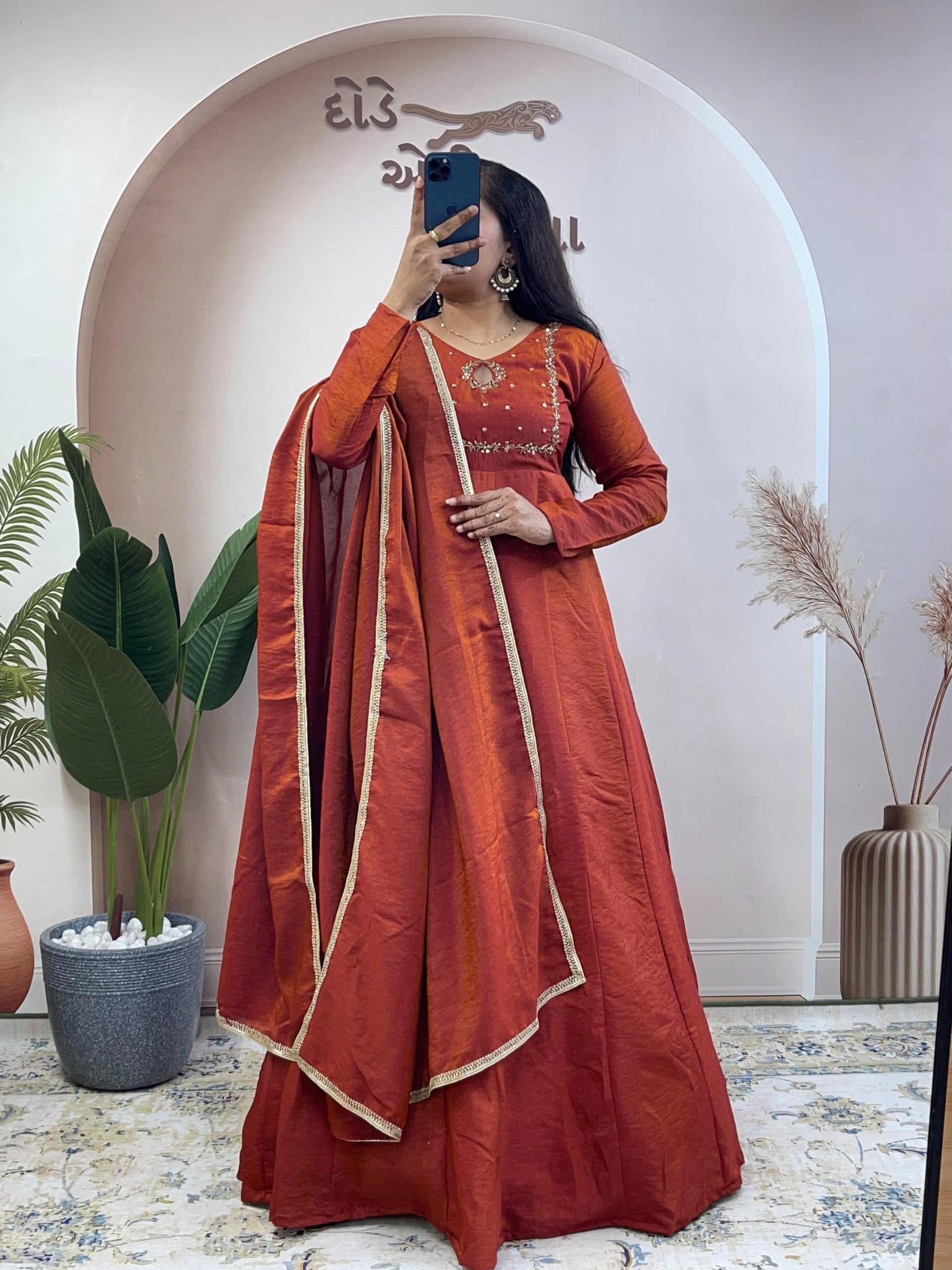 vichithra silk hand work gown with duppatta