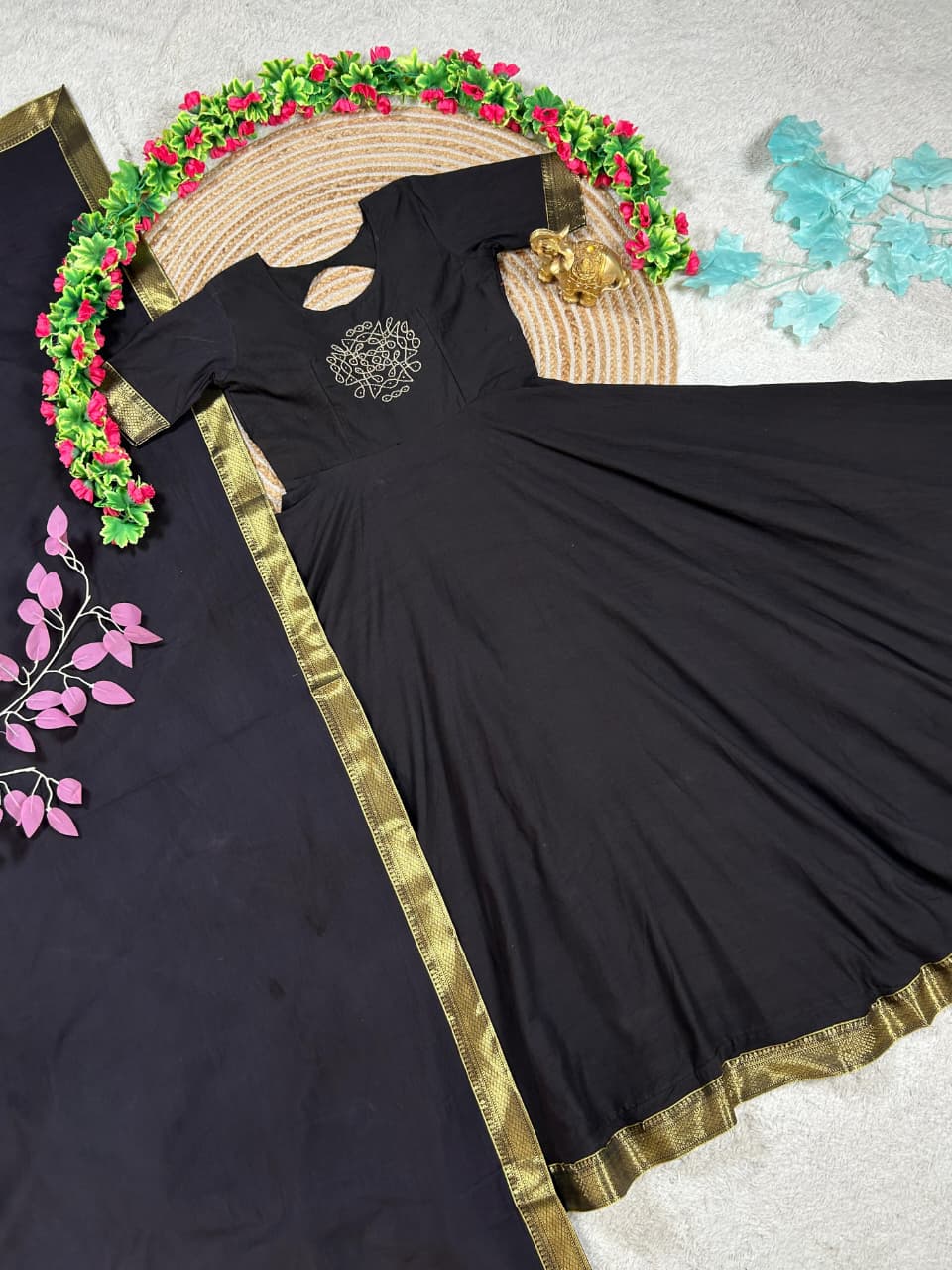 Mull cotton muggu design gown with duppata