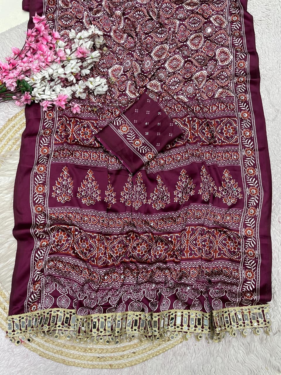 Ajrak satin viscose silk saree ✨