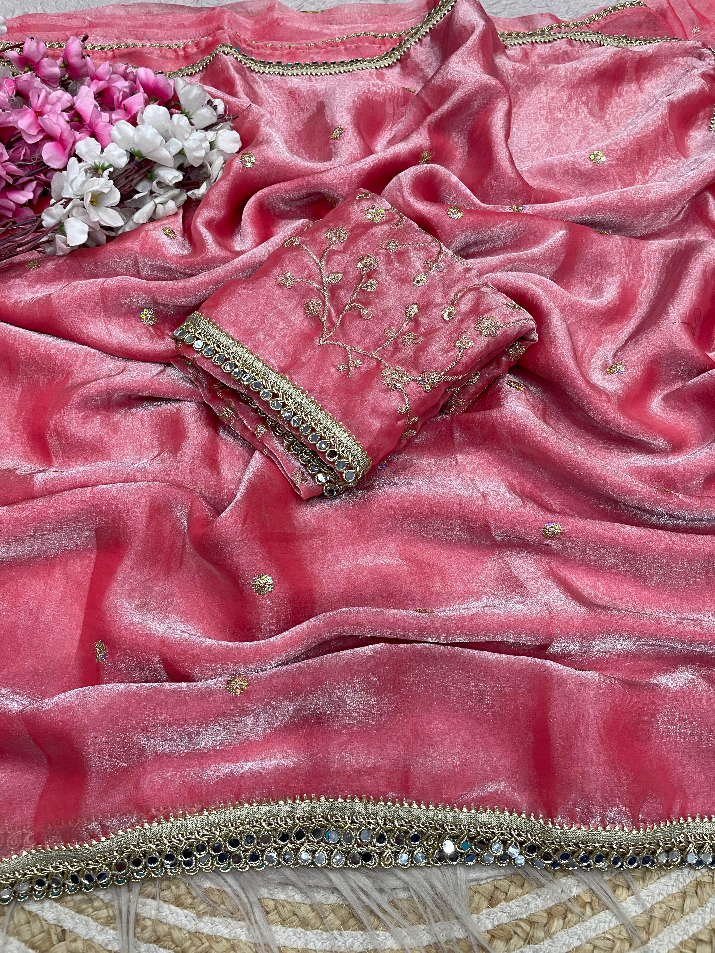 Fandy satin mirror work lace border saree