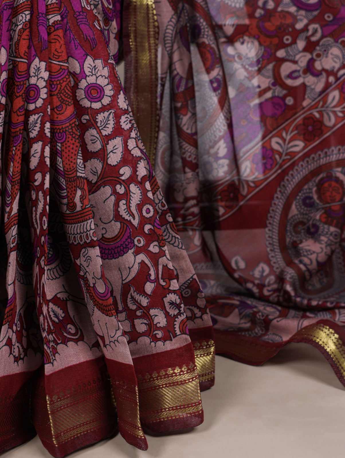 Elegant Kalamkari inspired print chenderi saree