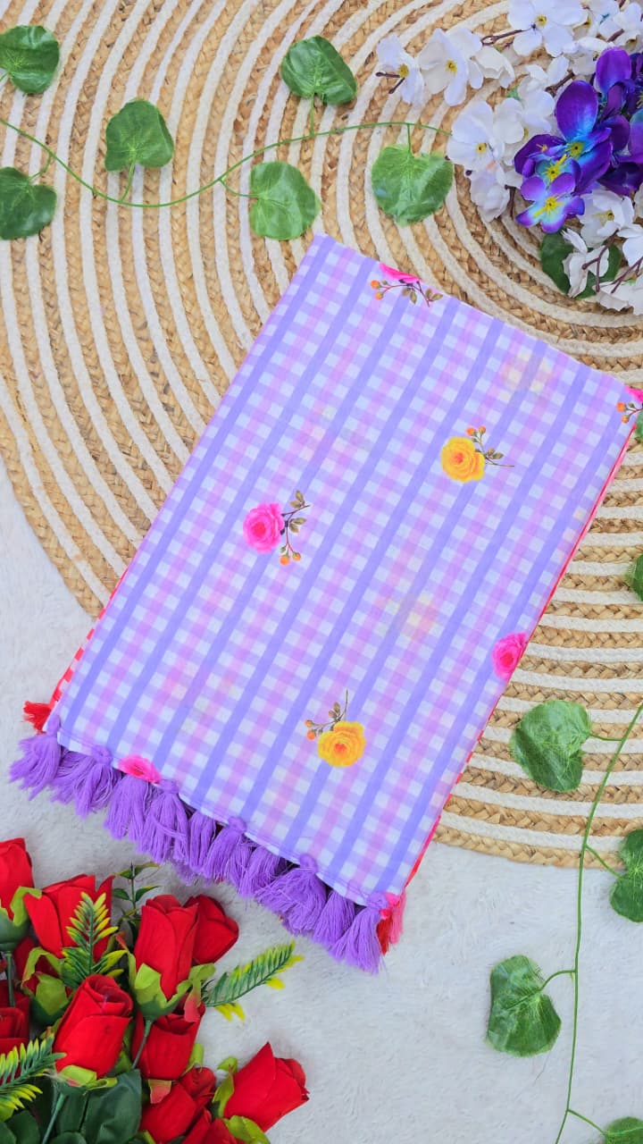 Mull cotton checks floral printed saree