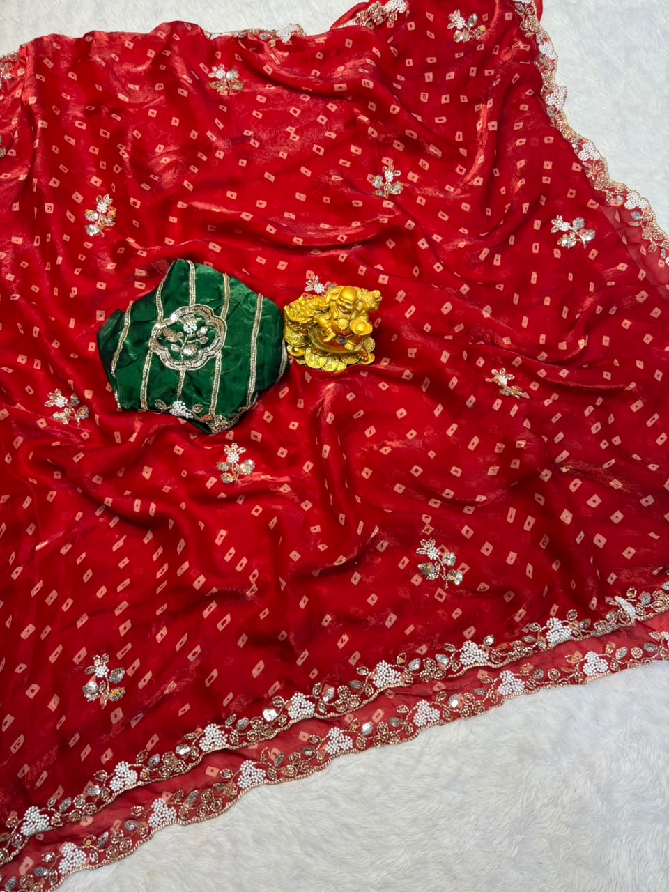 Sakhi space silk bandhini print saree with beeds pearl work ✨