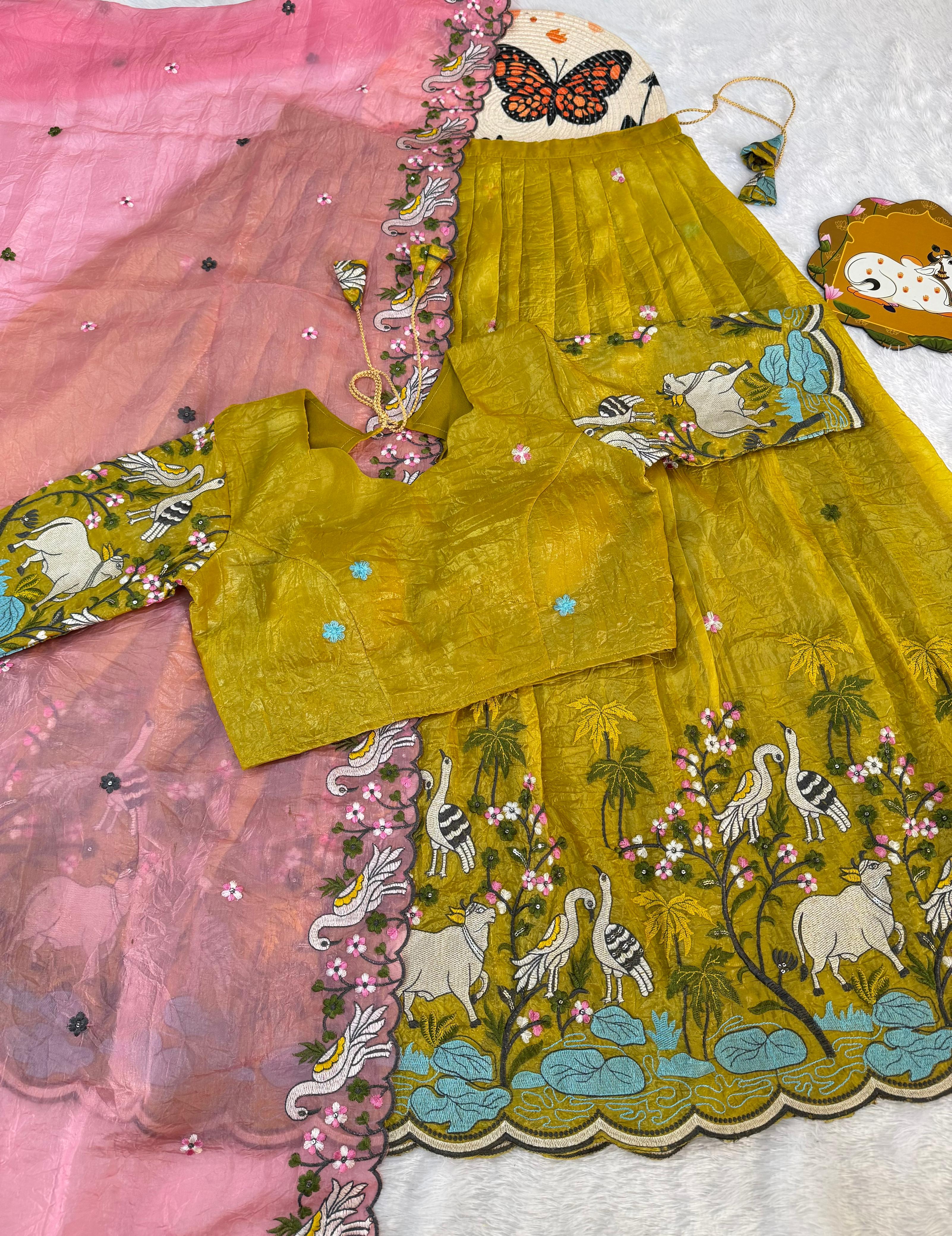 Pichwai embroidery crush silk lehenga